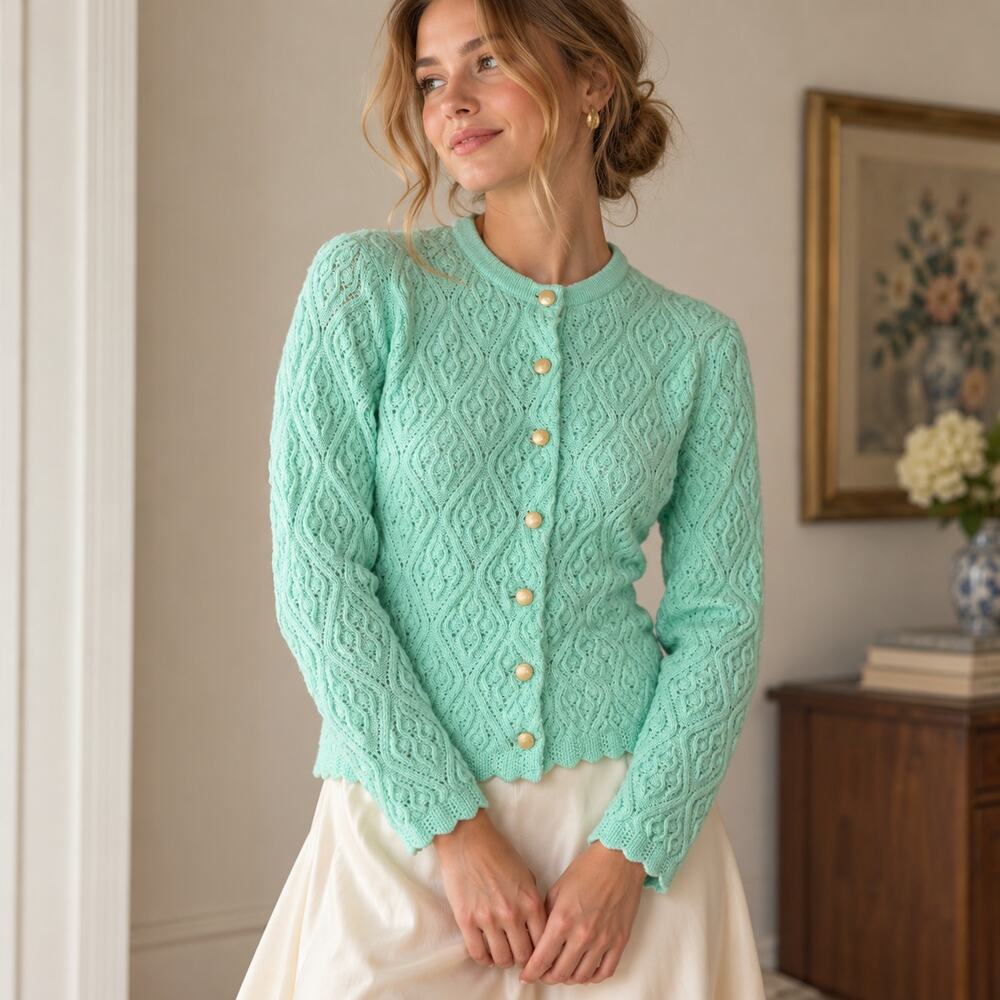 Vintage NWT 60s British Vogue Mint Pointelle Cardigan Sweater Small
